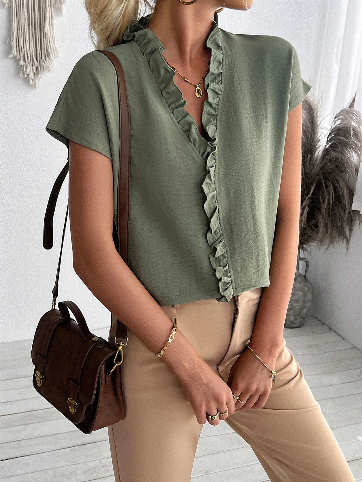 Ruffled V-Neck Short Sleeve Blouse - Ladyez