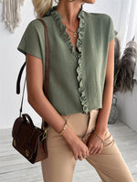 Ruffled V-Neck Short Sleeve Blouse - Ladyez