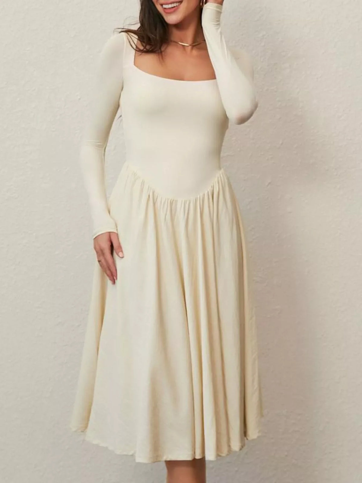 Square Neck Long Sleeve Midi Dress