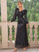 Sequin V-Neck Lantern Sleeve Maxi Dress - Ladyez