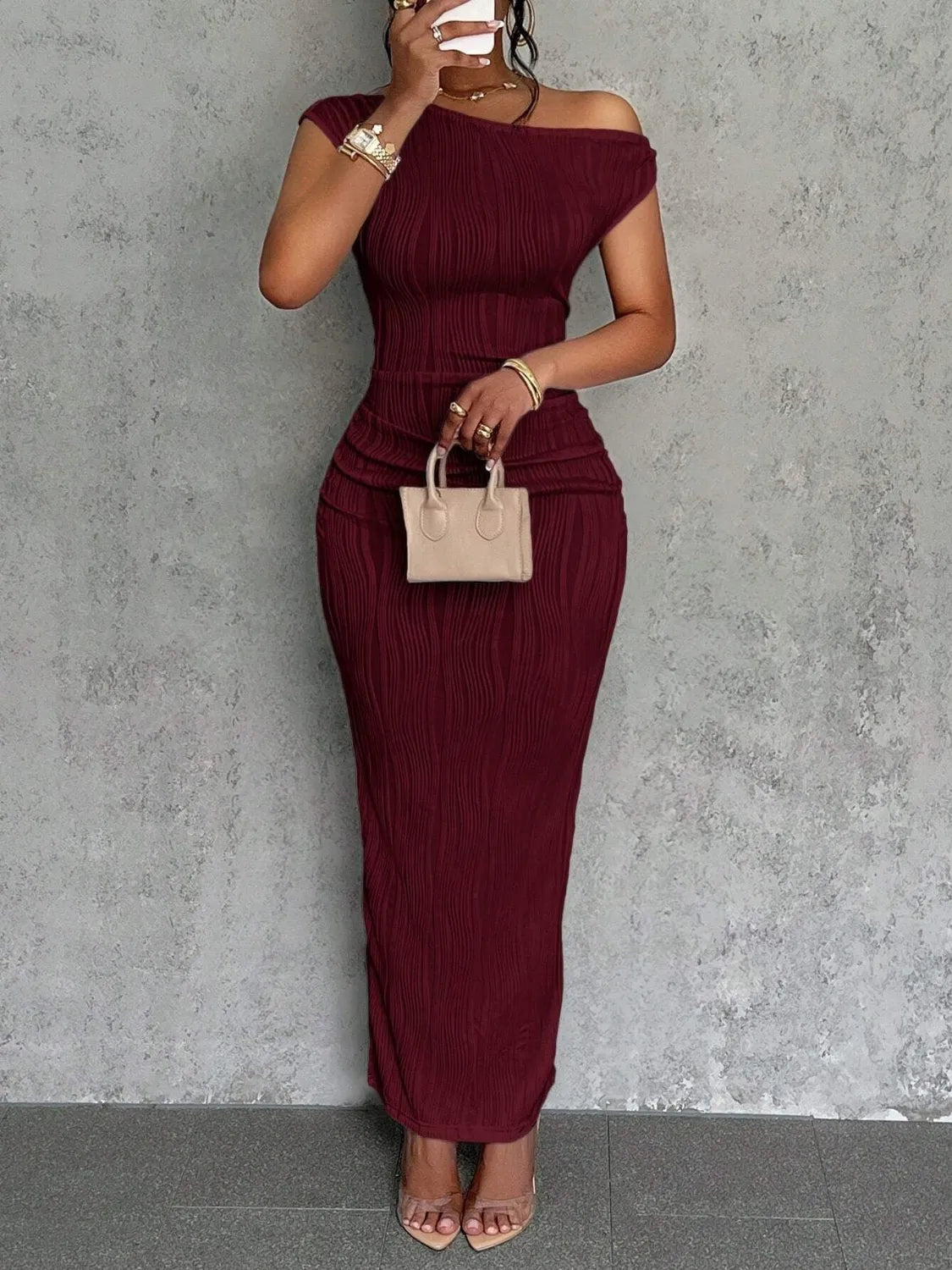 Textured Single Shoulder Maxi Dress - Ladyez