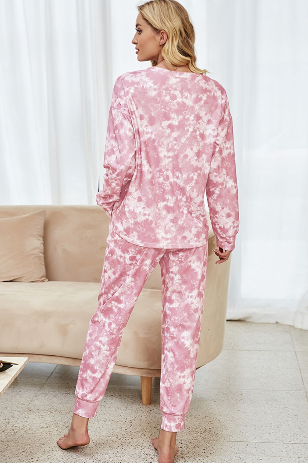Shiny Tie-Dye Long Sleeve Top and Drawstring Joggers Lounge Set - Ladyez
