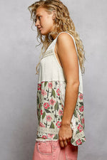 POL Lace Detail Floral V-Neck Tank
