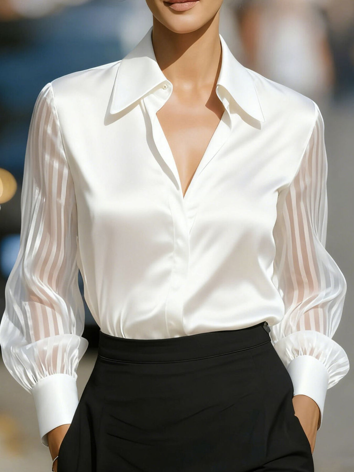Collared Neck Sheer Sleeve Shirt