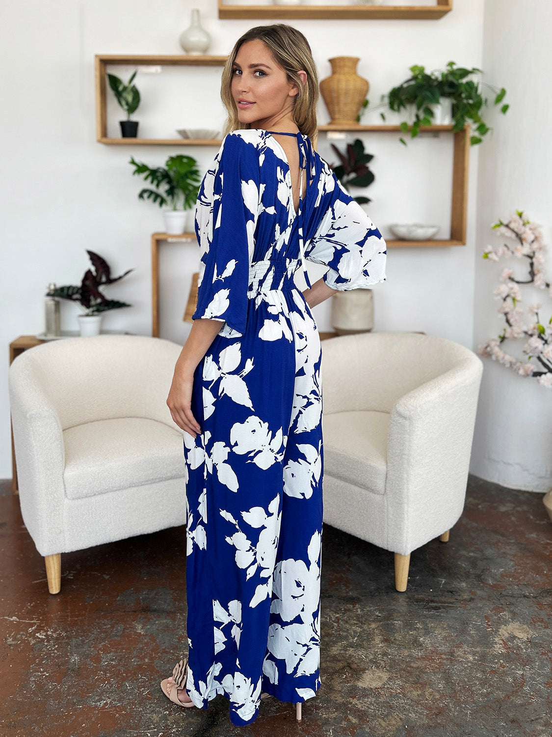 Double Take Full Size Printed Tie Back Wide Leg Jumpsuit - Ladyez