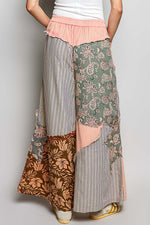 POL Striped Floral Patchwork Wide leg Pants with Side Big Star Patch