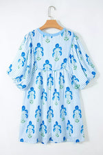 Floral Striped Print Tie Notched Neck Puff Sleeve Flared Mini Dress