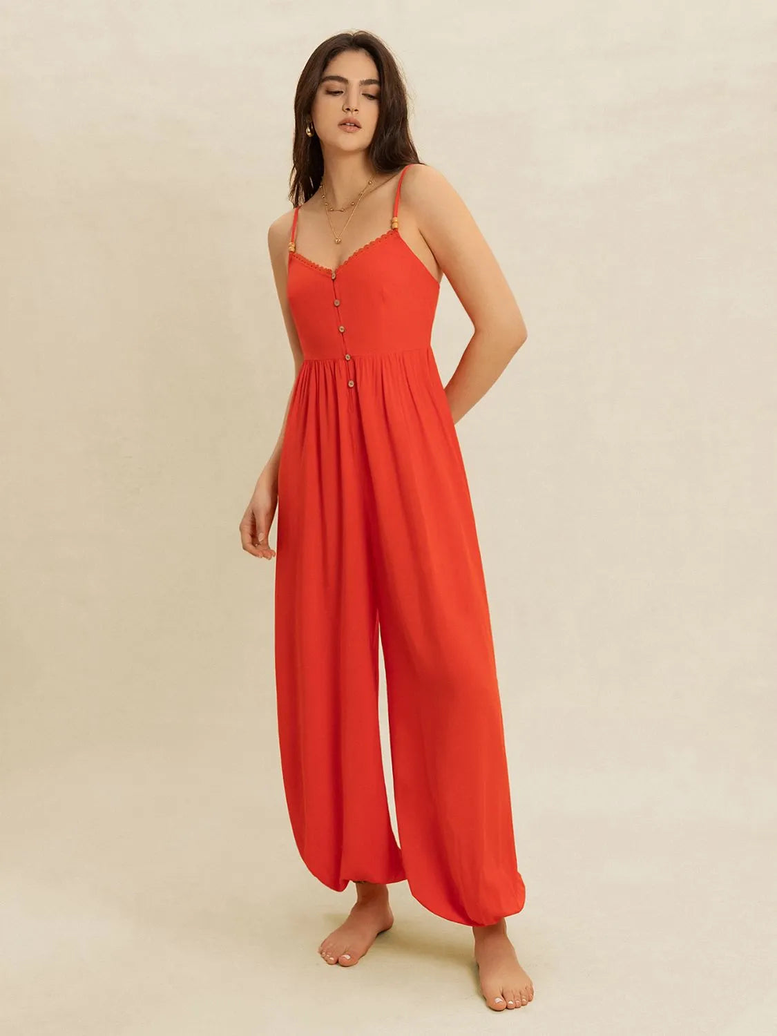 V-Neck Spaghetti Strap Jumpsuit - Ladyez