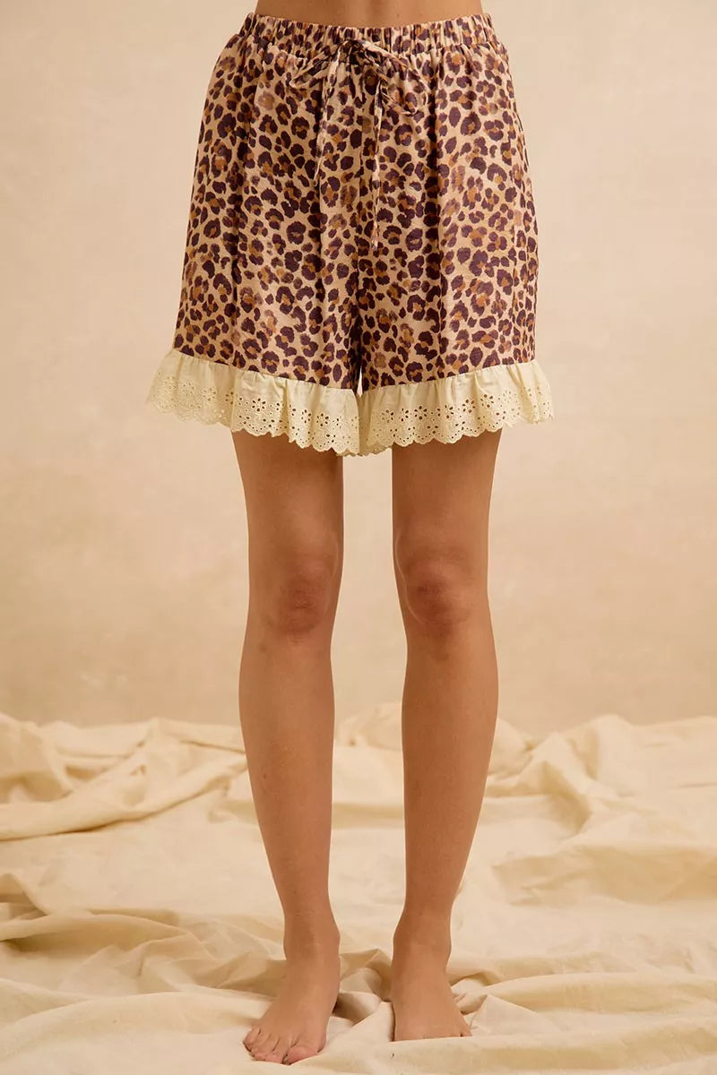 BiBi Leopard and Eyelet Lace Ruffled Top and Shorts Set