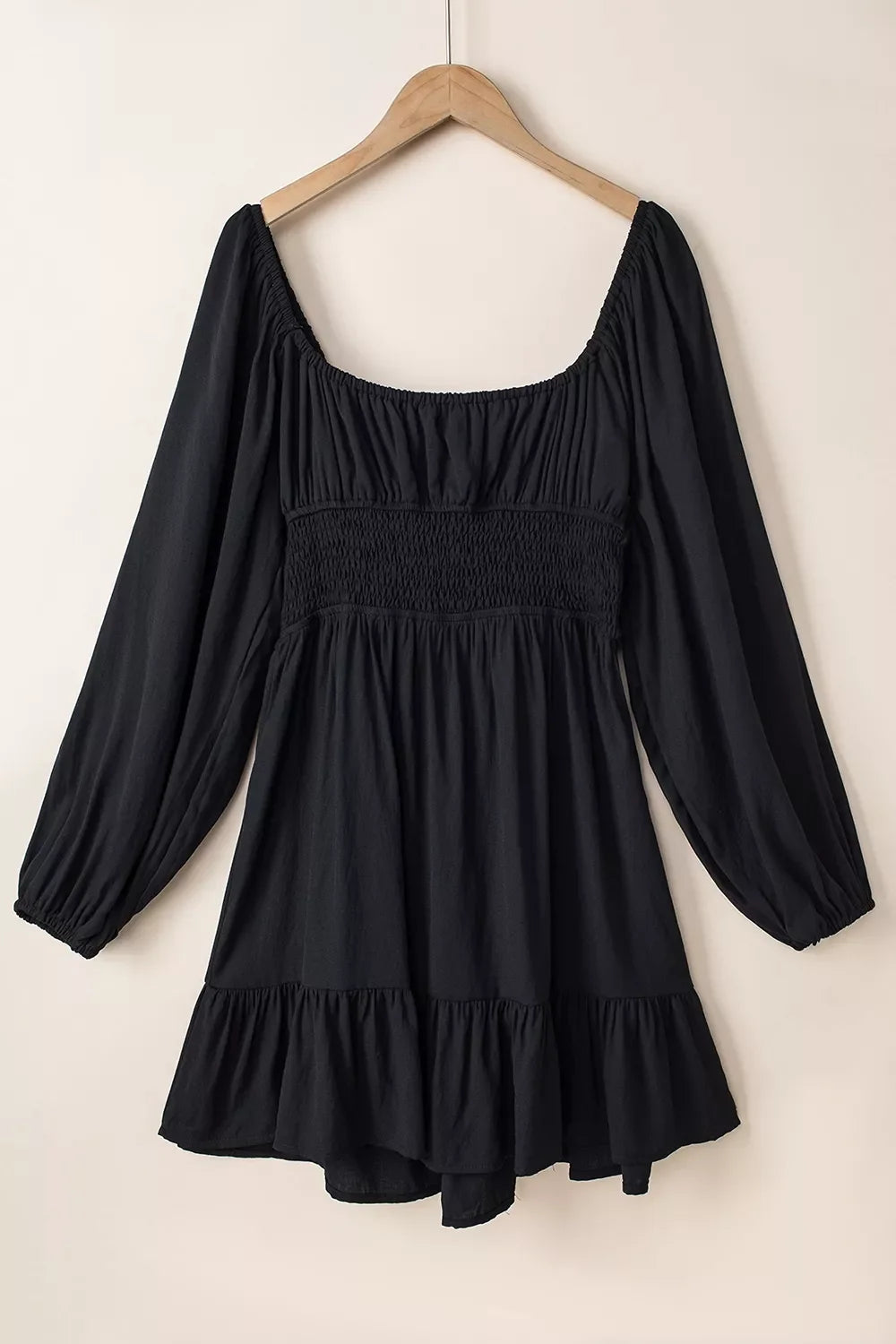 Solid Color Long Sleeve Shirred Drawstring Ruffle Mini Dress