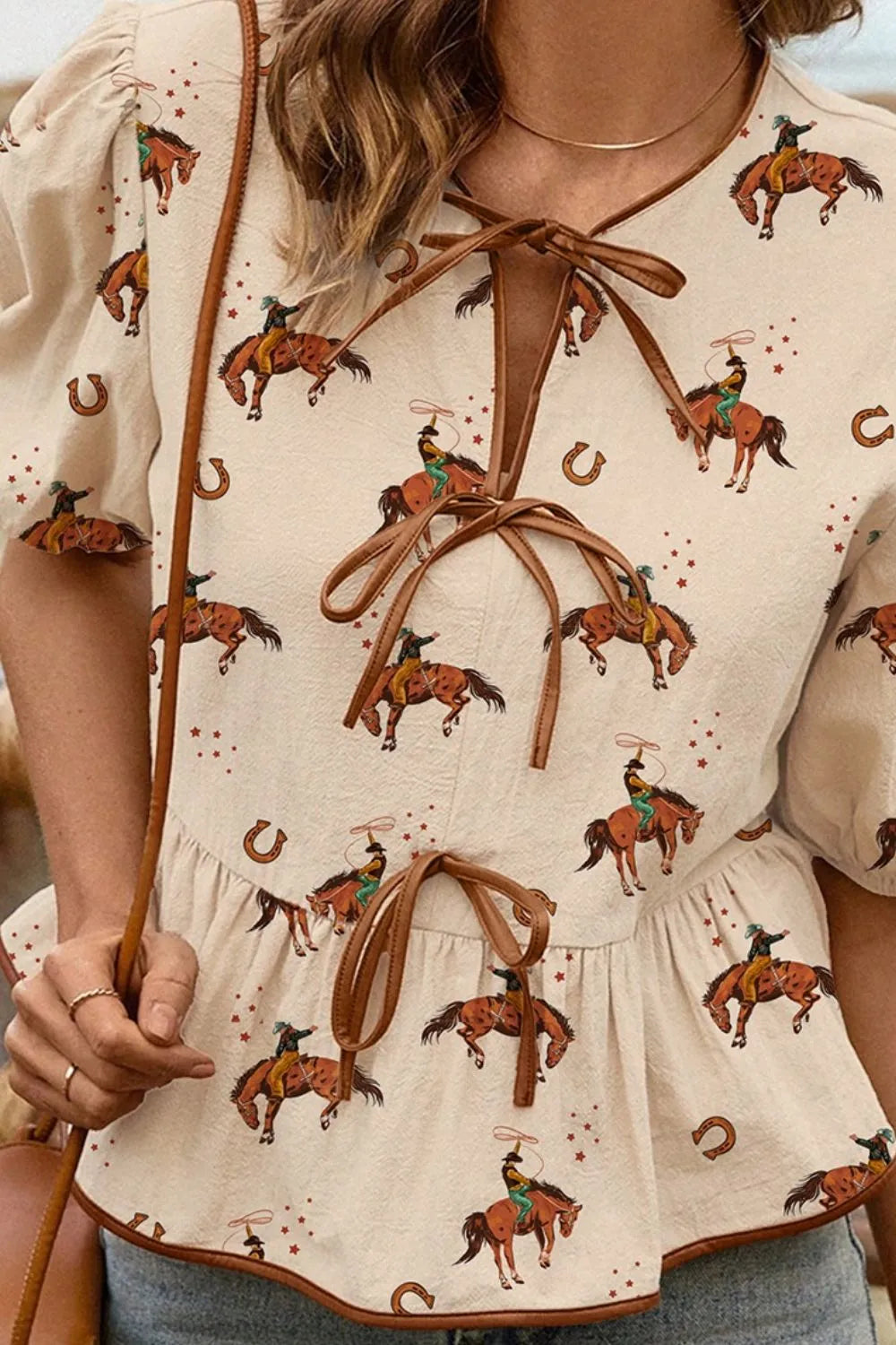 Horse Print Tie-Front Peplum Blouse - Ladyez