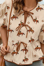 Horse Print Tie-Front Peplum Blouse - Ladyez