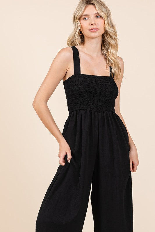 Mittoshop Smocked Wide Strap Wide Leg Overalls - Ladyez