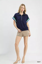 Umgee Zip Front Casual Top with Contrast Stripe Trim