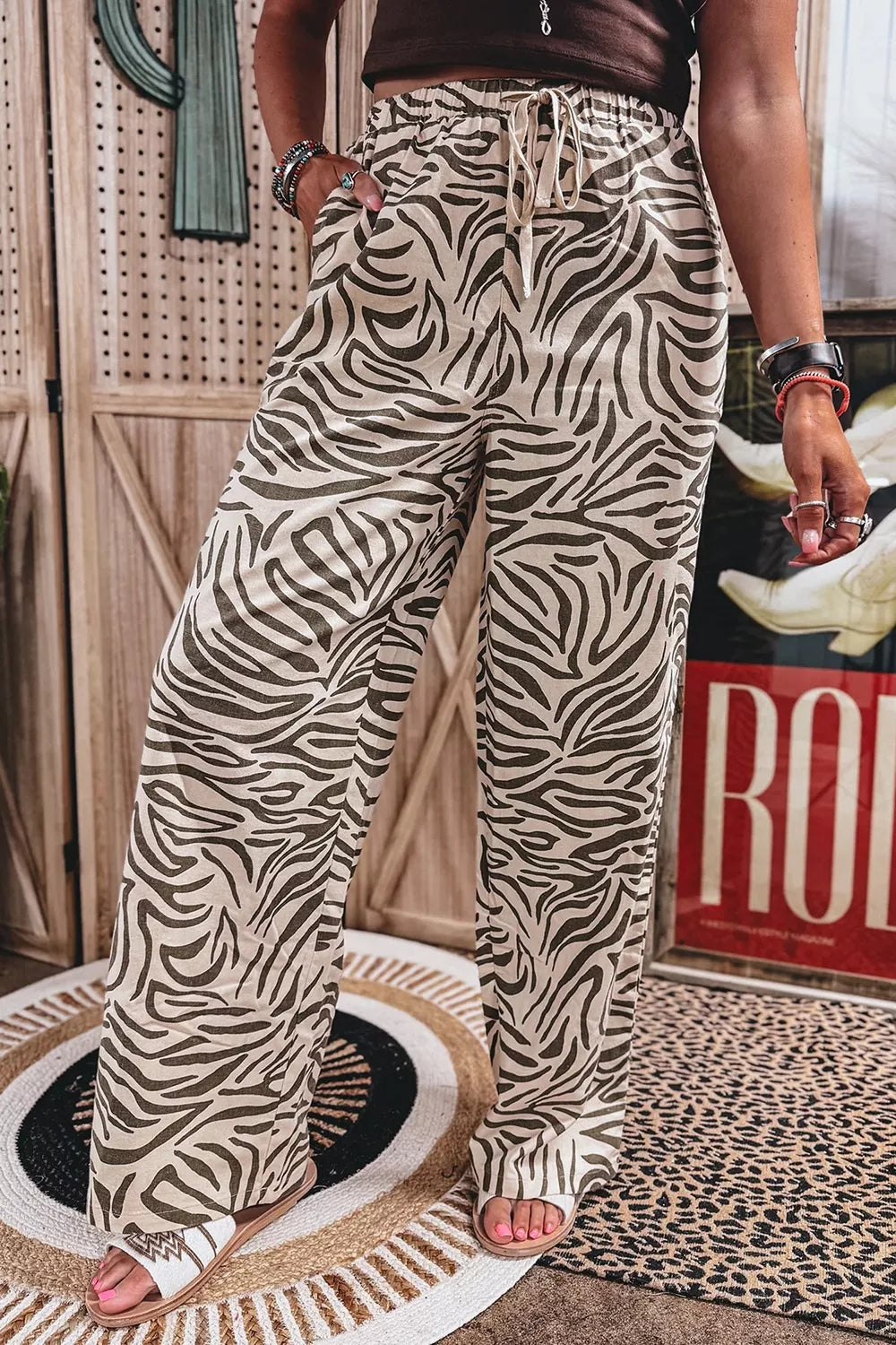 Multicolour Western Print Zebra Pattern Elastic Waist Pocket Pants