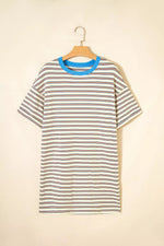 Stripe Drop Shoulder Cuffed Sleeve Loose Tunic T Shirt Mini Dress