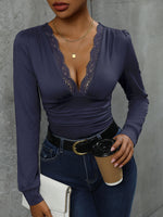 Perfee Lace Detail Plunge Long Sleeve Bodysuit - Ladyez