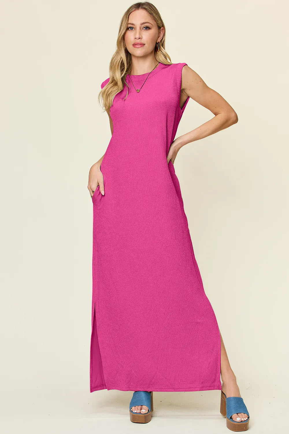 Double Take Full Size Texture Mock Neck Sleeveless Maxi Dress - Ladyez