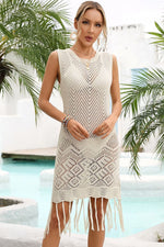 Angel Wings Fringe Trim Sleeveless Openwork Cover-Up Dress - Ladyez