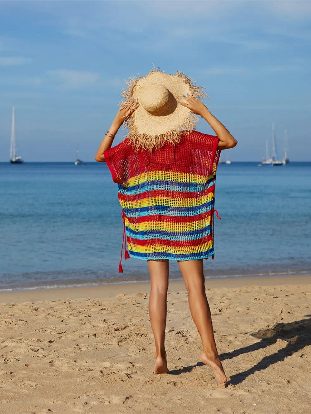 Angel Wings Cutout Striped Cover-Up with Tassel - Ladyez