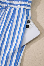 Stripe Drawstring Elastic Waist Patch Pocket Wide Leg Ankle-length Pants