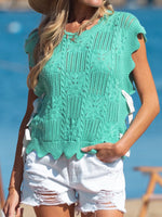 Pointelle Knit Patterned Scalloped Trim Short Sleeve Sweater