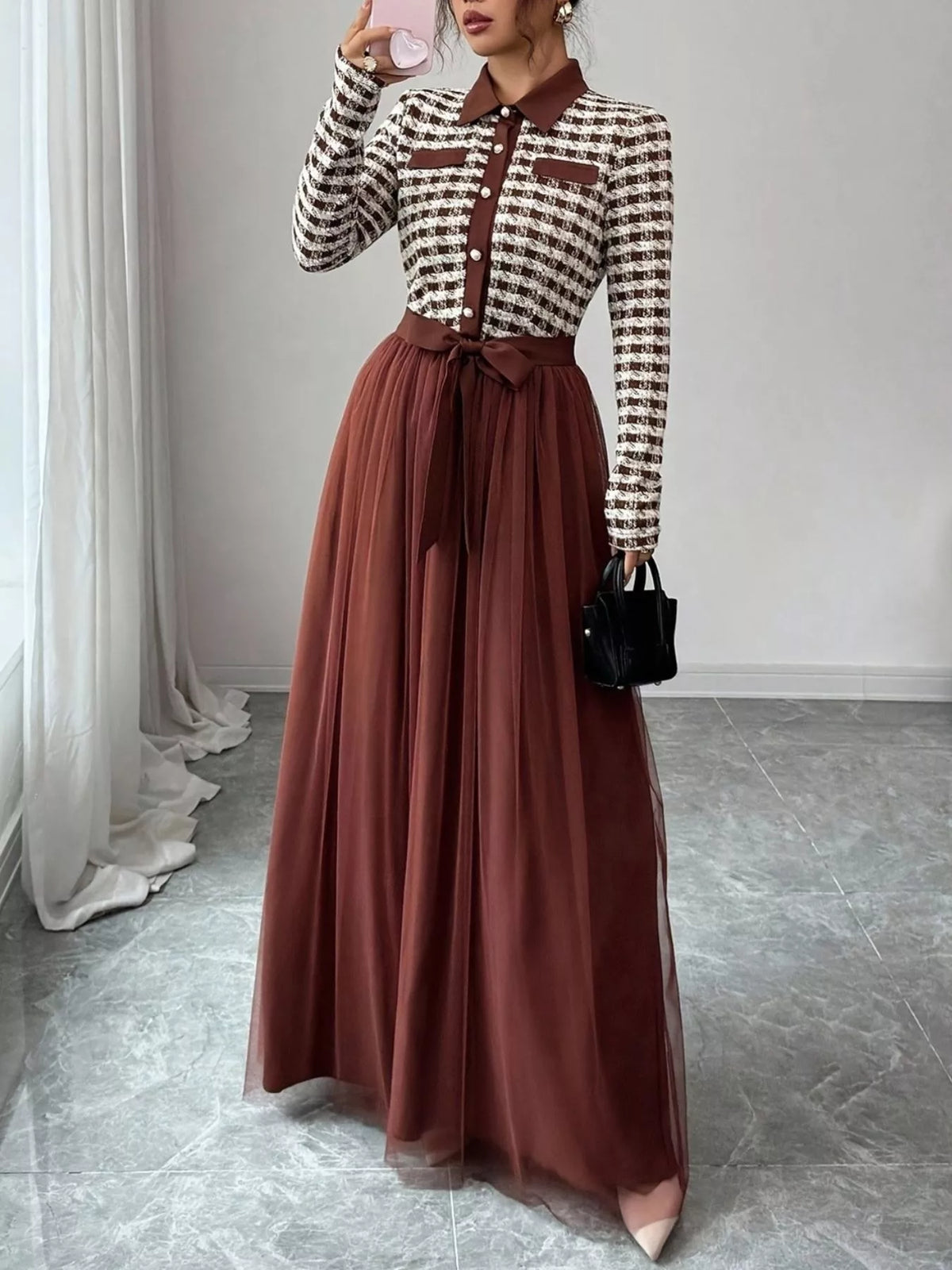 Plaid Long Sleeve Tulle Maxi Dress