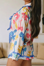 Bow Print Collared Neck Top and Shorts Lounge Set - Ladyez
