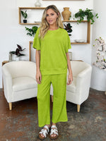 Double Take Full Size Texture Round Neck Short Sleeve T-Shirt and Wide Leg Pants - Ladyez