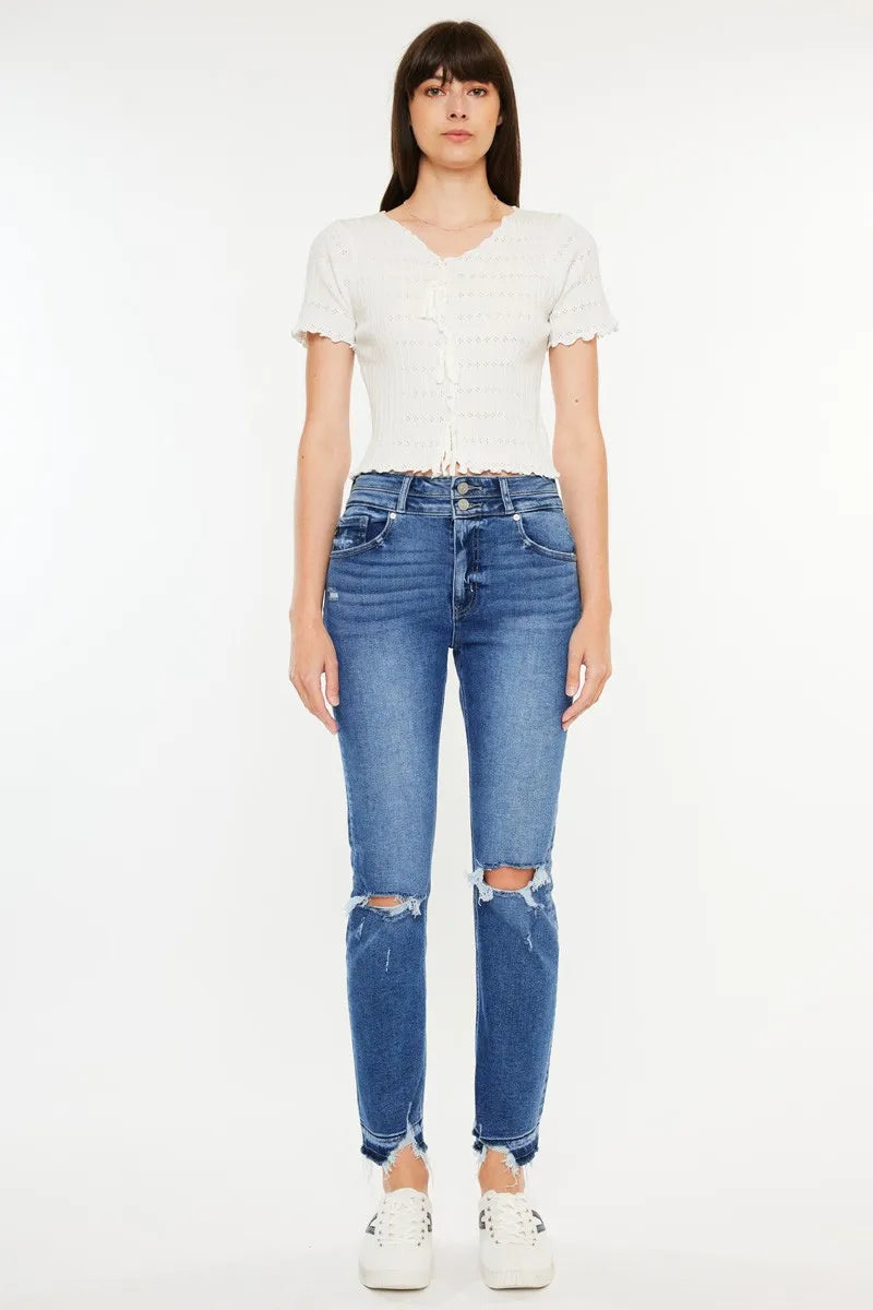 Kancan High Rise Distressed Slim Straight Jeans - Ladyez