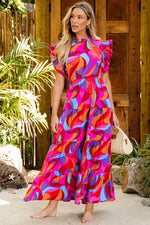 Full Size Printed Ruffled Mock Neck Tiered Dress - Ladyez