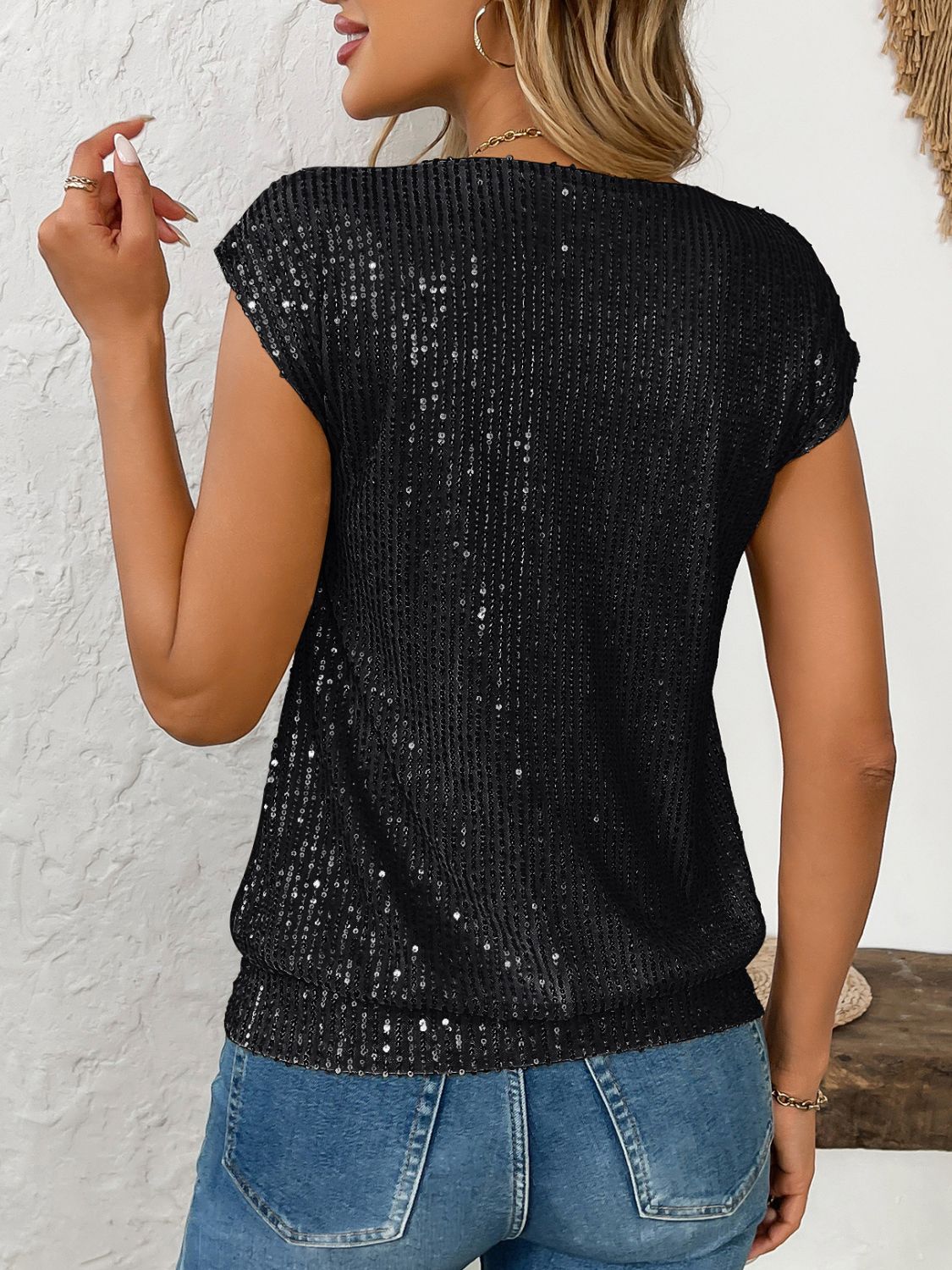 Sequin V-Neck Cap Sleeve Top - Ladyez