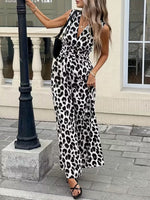 Sleeveless V-Neck Leopard Print Wide Leg Jumpsuit