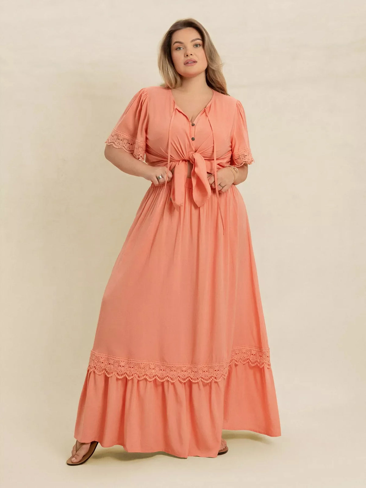 Plus Size Lace Detail Tie Neck Top and Skirt Set