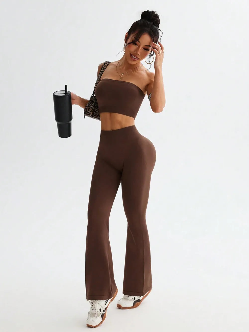 Tube Top and High Waist Flare Pants Active Set - Ladyez