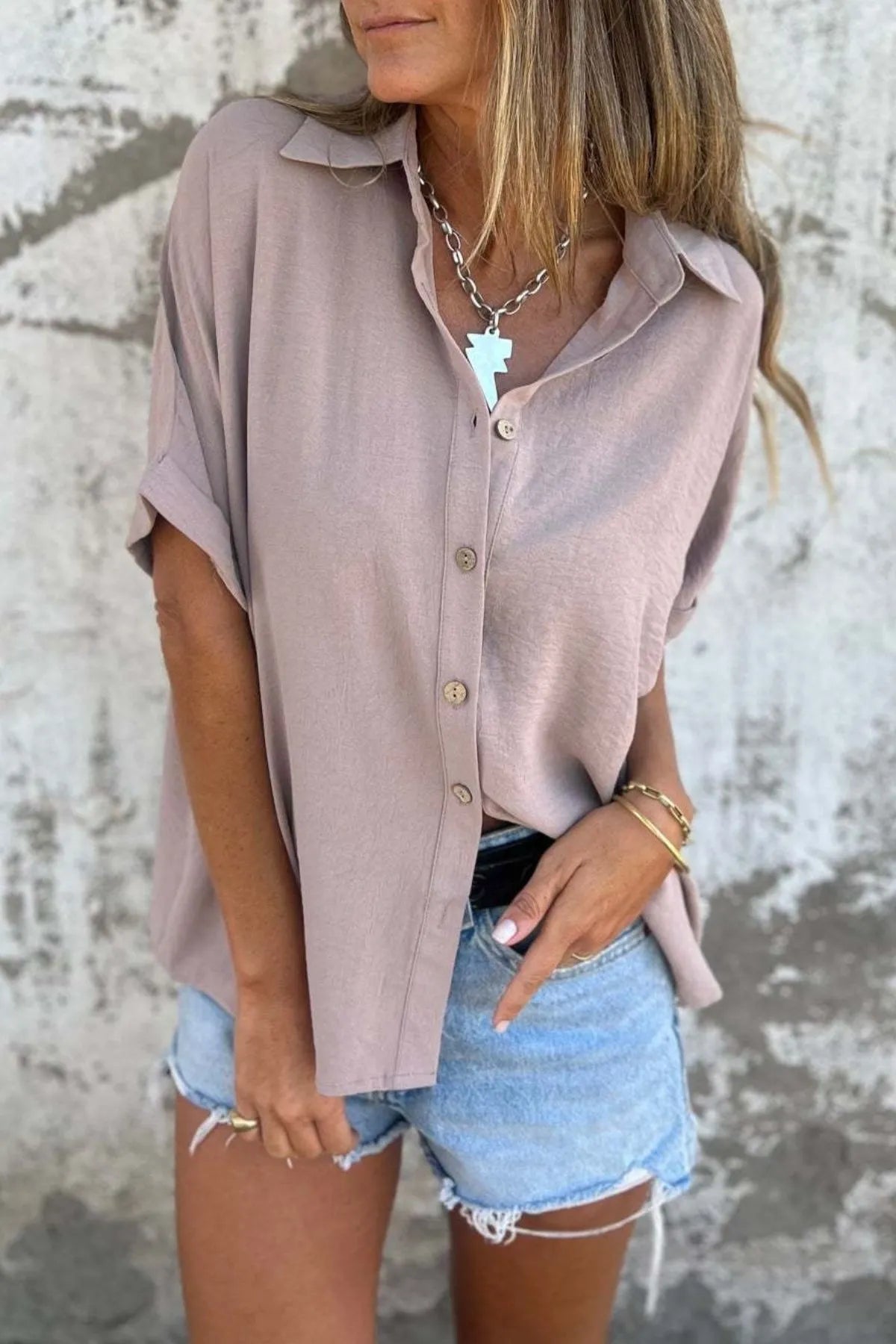 Full Size Casual Button Down Short Sleeve Loose Shirt Plus Size - Ladyez