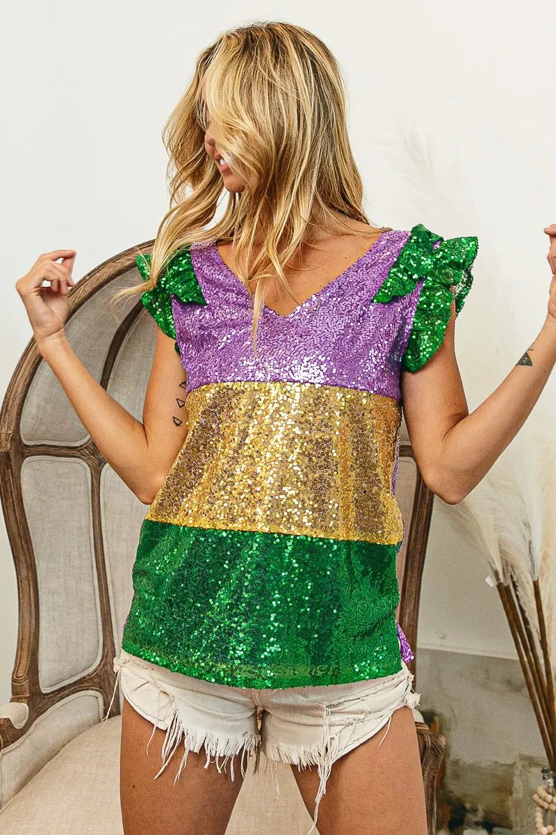 BiBi Mardi Gras Sequin Color Block RuffledTop