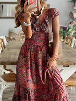 Full Size Smocked Printed V-Neck Short Sleeve Dress - Ladyez