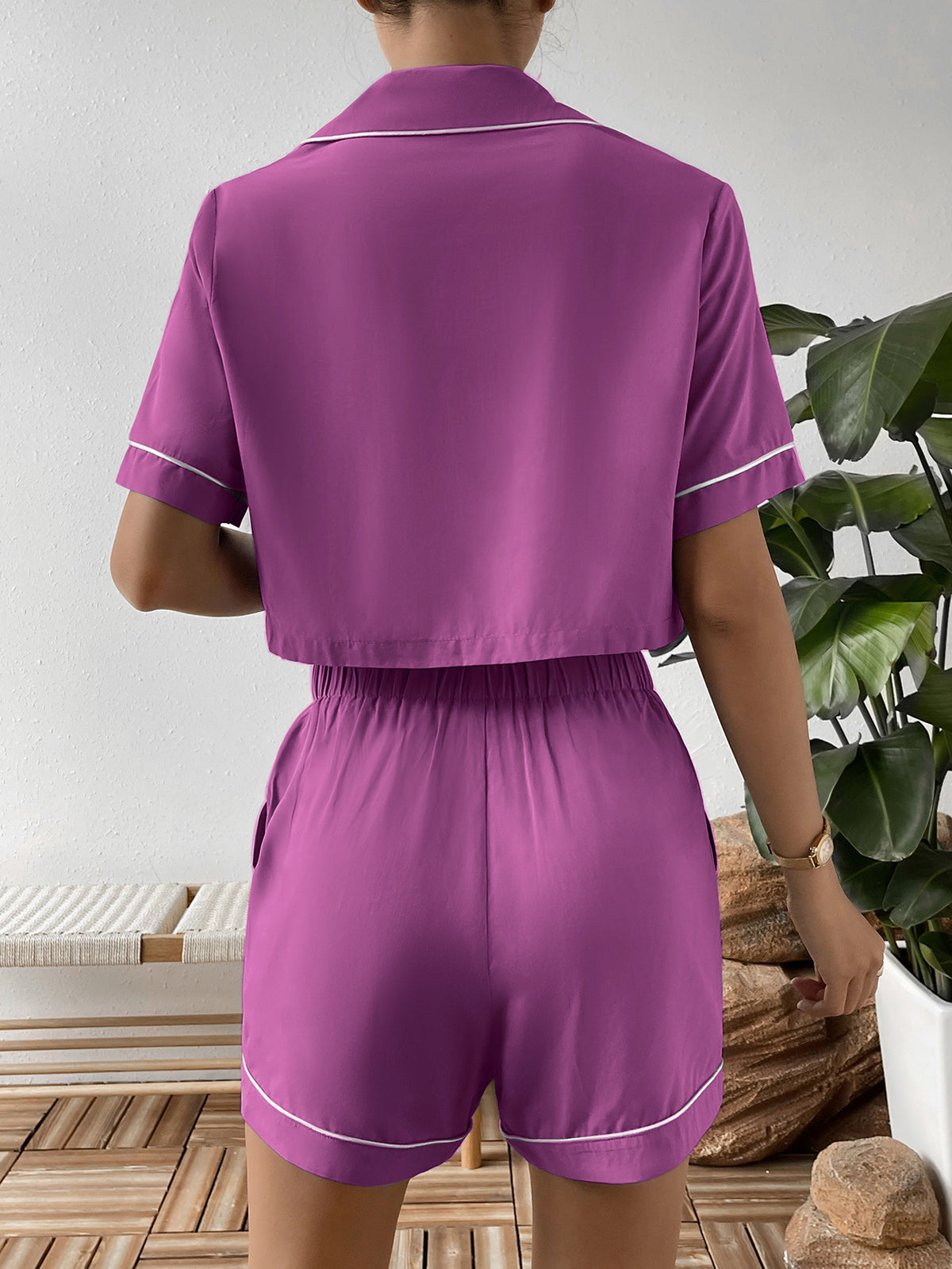 Ivy Lane Contrast Lapel Collar Cropped Shirt and Shorts Lounge Set - Ladyez
