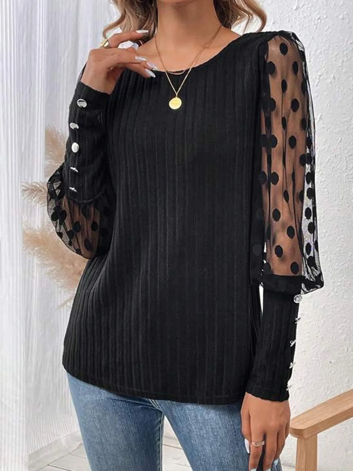 Polka Dot Sheer Sleeve Blouse - Ladyez