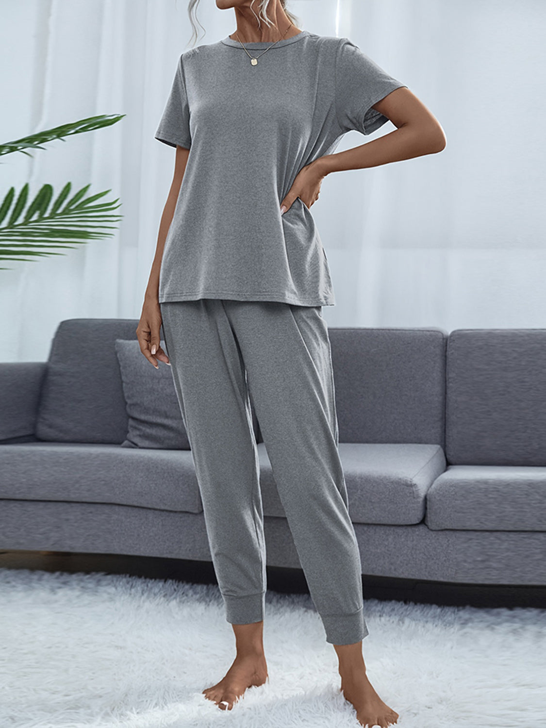 Shiny Round Neck Short Sleeve Top and Pants Set - Ladyez