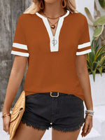 Striped Short Sleeve Half Zip Top - Ladyez
