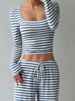 Striped Long Sleeve Crop Top and Wide Leg Pants Set