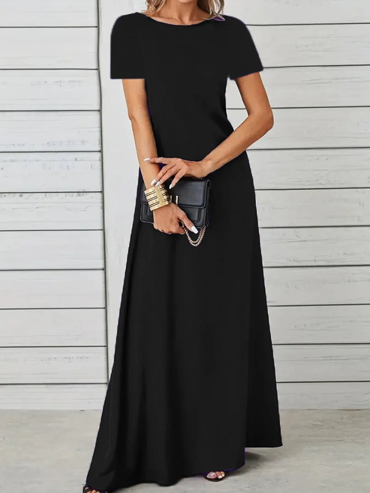 Full Size Round Neck Short Sleeve A-Line Maxi Dress Plus Size - Ladyez