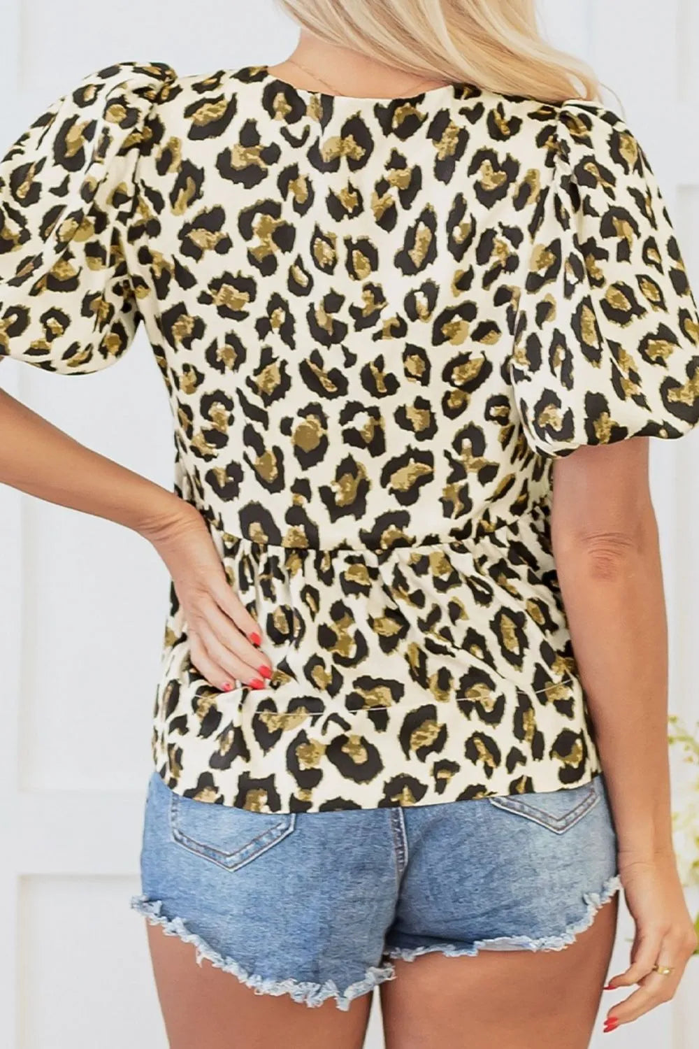 Leopard Bow Tie Front Puff Sleeve Peplum Blouse