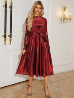 Tie Waist Long Sleeve Midi Dress - Ladyez