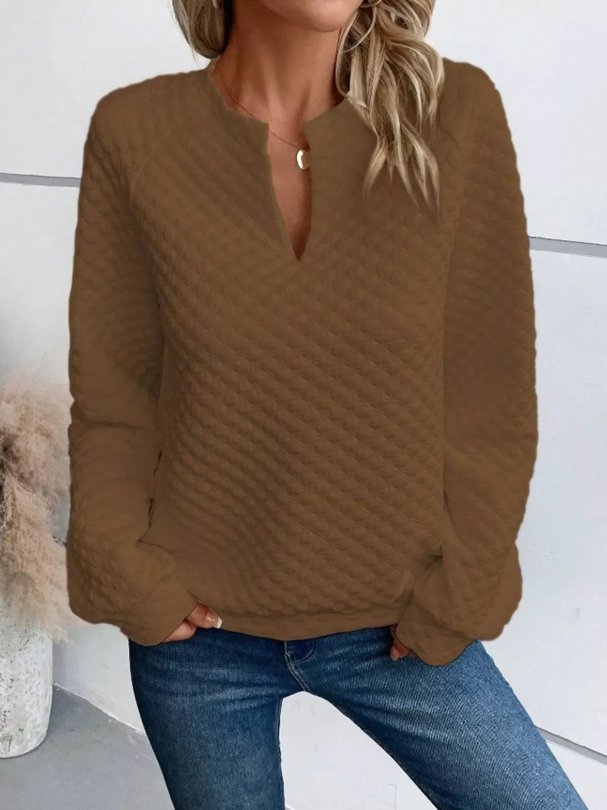 Textured Notched Raglan Sleeve Sweatshirt