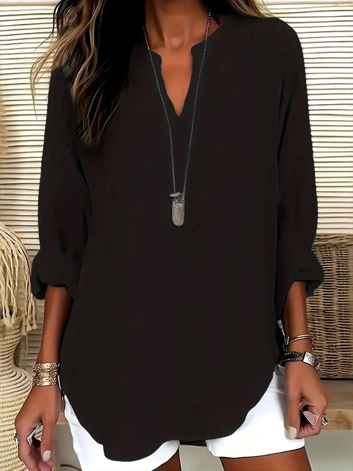 Notched Long Sleeve Casual Blouse - Ladyez