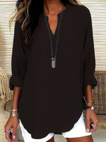 Notched Long Sleeve Casual Blouse - Ladyez