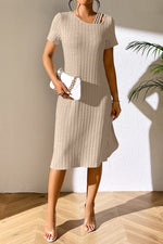 Ivy Lane Ribbed Asymmetrical Neck Short Sleeve Dress - Ladyez
